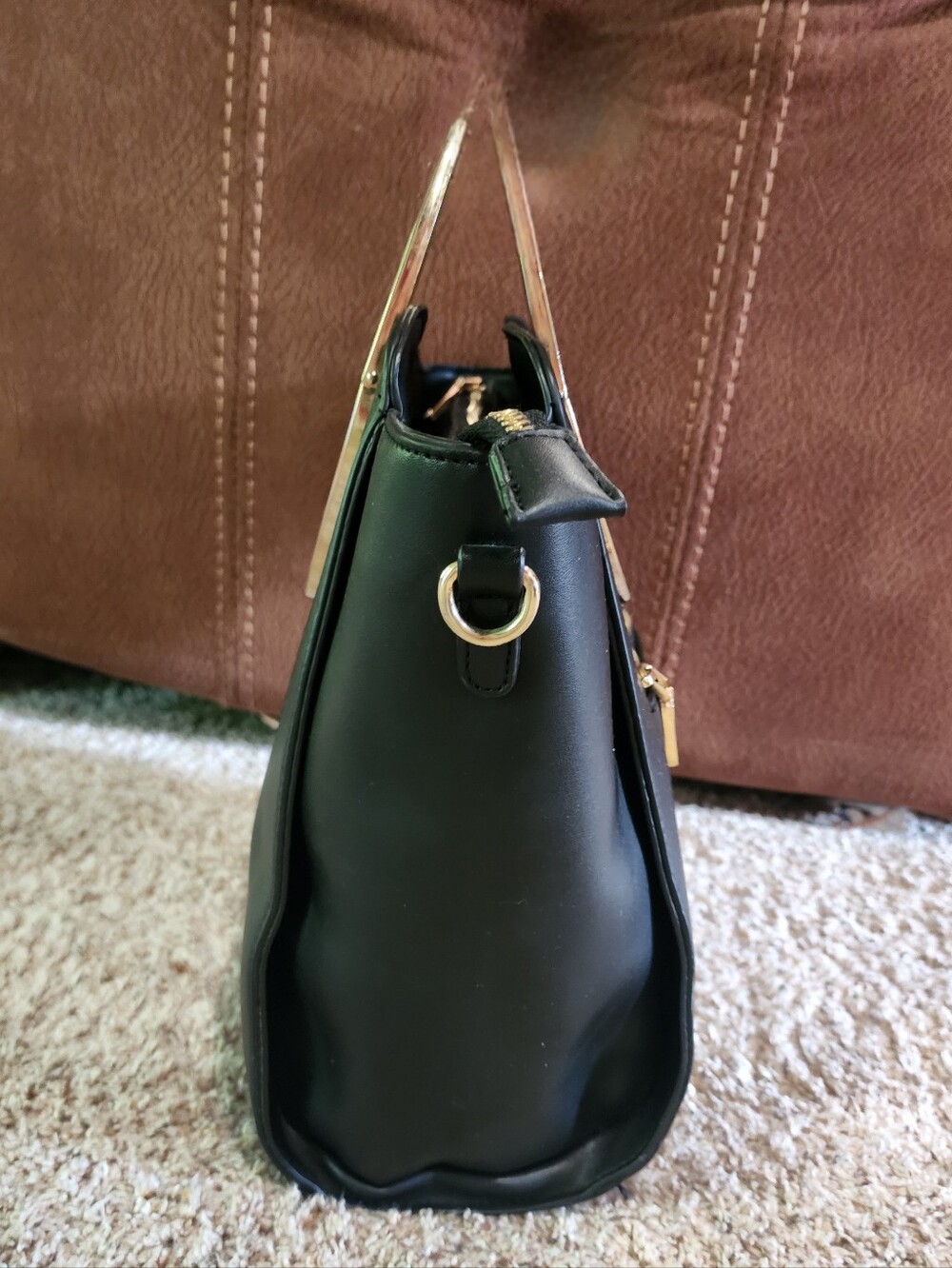 Chic Miztique Black Vegan Leather Satchel with Sculptural Gold Handles - Picture 6 of 14